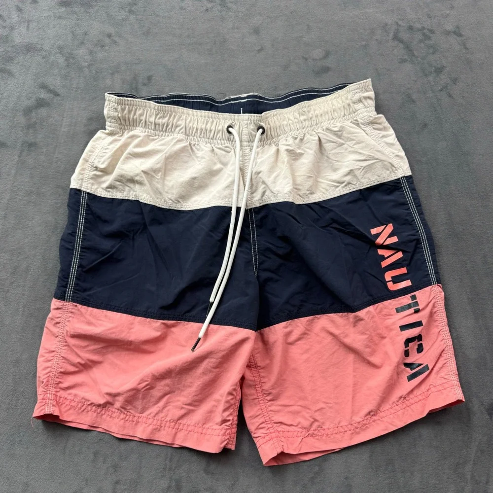 Nautica Mens Colorblock Swim Trunks Navy Coral Cream Logo Board Shorts Size S